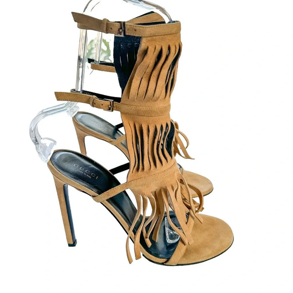 Gucci Becky Suede Fringe Camelia color Gladiator Sandal Heels 40/ US 10 - Picture 3 of 16